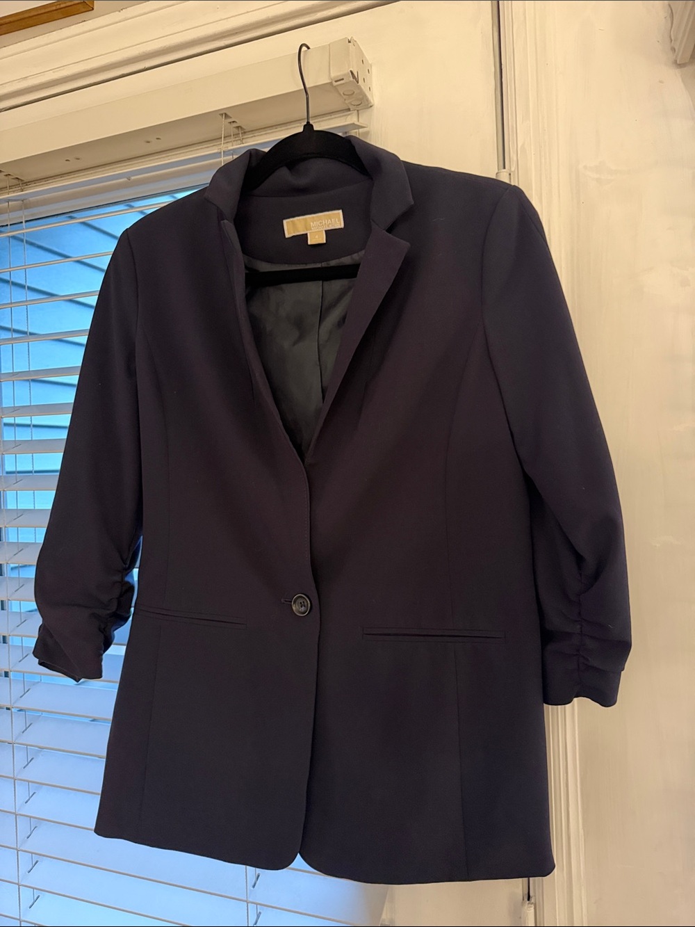 Michael Kors Dark Navy Single-Button Ruched-Sleeve Blazer